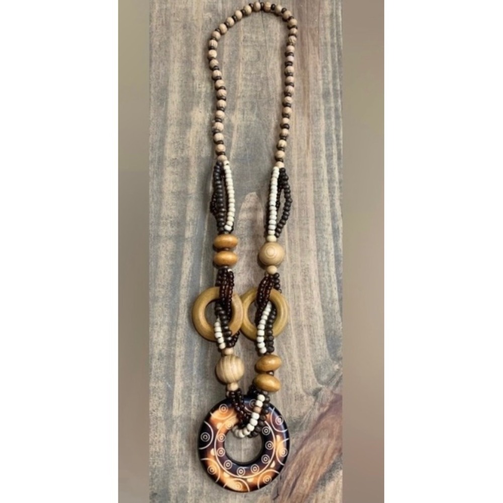 Chunky Wood Resin Statement Necklace Set Boho Vintage Retro Y2K Earthy - Picture 3 of 9